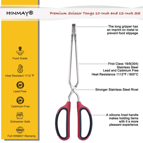 Stainless Steel Scissor Tongs Set With 10 Inch And 12 Inch Tongs, 2 Piece Kitchen Tool For Pro Grade Cooking, Grilling, Food Prep, And Serving, Heavy Duty 304 Stainless Steel, Dishwasher Safe, Rust Resistant, red handle
