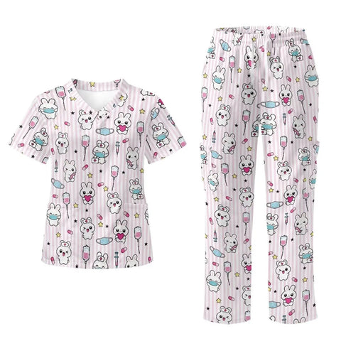 Cute Rabbit Pediatric Scrubs Tops And Pants Set For Women With Plenty Of Pocket Space Soft Stretch Fabric And Breathable Comfort
