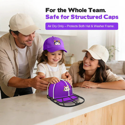 Family with child using Hat Washer Cage For Washing Machines And Dishwashers, Baseball Cap Cleaner Rack, on purple cap