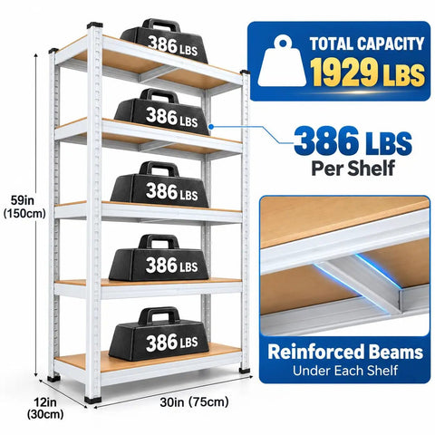 Heavy Duty Five Tier Garage Shelving Unit With Rock Solid Metal Frame And Reinforced MDF Boards showing 386 lbs per shelf capacity.