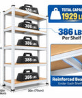 Heavy Duty 5 Tier Garage Storage Shelves With Adjustable Boltless Steel Frame And Thick Mdf Boards, 1929 Lbs Capacity, 30X12X59 Inches, White, displaying 386 lbs weights per shelf.