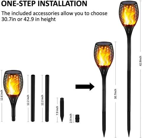 Diagram of Two Pack Upgraded Solar Torch Lights with Realistic Dancing Flame LEDs, showing adjustable height components.