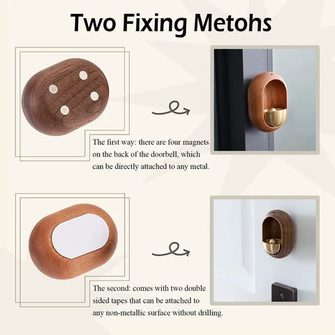 Two installation methods for Dope Door Bell For Entry Alerts And Quick Decor Magnetically Attached Handmade Cherrywood With Matte Brass Finish