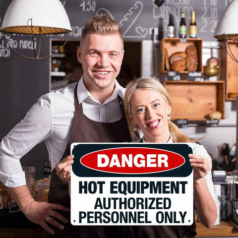 Danger Hot Equipment Warning Sign Authorized Personnel Only 8x12 Inch Aluminum Metal in cafe setting
