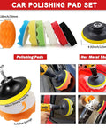 Car polishing pad set with various pads and hex shaft for drill attachment in use on vehicle