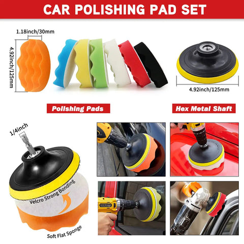 Car polishing pad set with various pads and hex shaft for drill attachment in use on vehicle