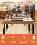 Reinforced galvanized metal work stand in workshop, showcasing 830 lbs load support, ideal for heavy-duty tasks.