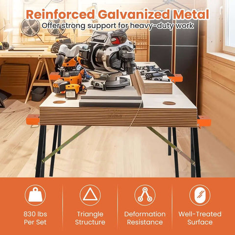 Reinforced galvanized metal work stand in workshop, showcasing 830 lbs load support, ideal for heavy-duty tasks.