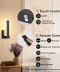 Rechargeable Wireless Wall Sconces Two Pack With Remote, touch and remote controls, black modern design in a living room setting.