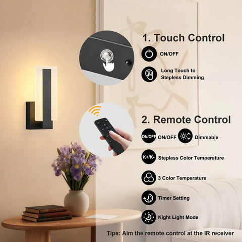 Rechargeable Wireless Wall Sconces Two Pack With Remote, touch and remote controls, black modern design in a living room setting.