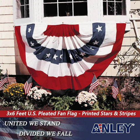 Patriotic 3 By 6 Feet Pleated Fan US Flag Half Fan Banner With Canvas Header And Brass Grommets Fade Resistant American Stars And Stripes 100 Percent Polyester Durable Flag For Home Parade Or Outdoor Display on a window ledge with flowers.