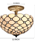 Tiffany Style Cream Amber Stained Glass Ceiling Light Fixture 12 Inch Semi Flush Mount With Antique Green Bronze Base And 11 Inch Height