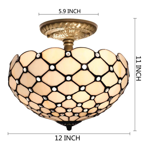Tiffany Style Cream Amber Stained Glass Ceiling Light Fixture 12 Inch Semi Flush Mount With Antique Green Bronze Base And 11 Inch Height