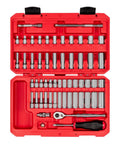 56 Piece Quarter Inch Drive Socket Set Shallow And Deep 12 Point Sockets Case Includes SAE And Metric Sizes From Five Thirty Seconds To Nine Sixteenths Inches And Four To Fifteen Millimeters Plus Ratchet Extensions And Universal Joint For DIY Auto, open red case view