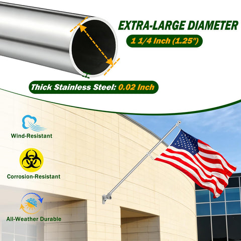 Sturdy 6 Foot Stainless Steel Flag Pole Kit With 1.25 Inch Diameter Built To Weather The Wind And Last For Years Rustproof And Corrosion Resistant Outdoor Flagpole With Holder Includes Embroidered US Flag For Home Or Biz Use showcasing close-up detail and outdoor flag display.