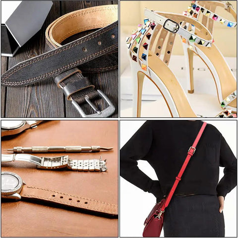 Adjustable Leather Hole Punch Tool With Wooden Handle Automatic Puncher Hollow Punch Six Size Tips for crafting belts, shoes, and bags.