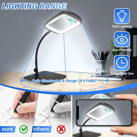 Ultra Large Magnifying Glass With Light And Stand For Reading And Crafts, 7 Inch Desk Magnifier demonstrating lighting range on desk