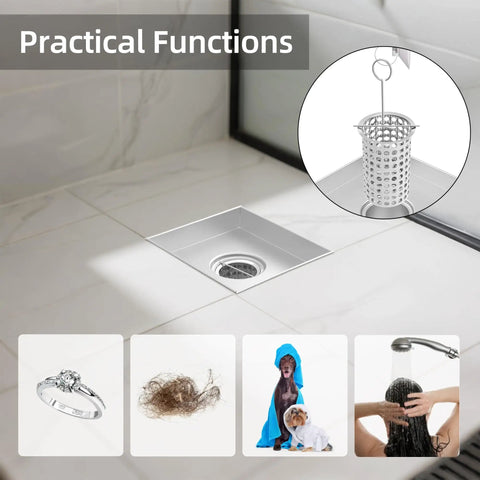 Ridiculously Fast Shower Drain Strainer With Pop Up Hair Catcher Basket And Attached Lifting Hook Super Slick Debris Filter in a shower drain.