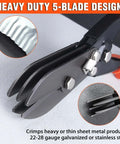 Close-up of 5 Blade Hand Crimpers for Sheet Metal and Ductwork, showcasing heavy duty design and blade details for 22-28 gauge metal.