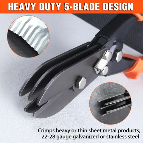 Close-up of 5 Blade Hand Crimpers for Sheet Metal and Ductwork, showcasing heavy duty design and blade details for 22-28 gauge metal.
