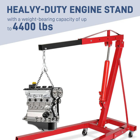 2 Ton Foldable Engine Hoist Cherry Picker For Auto Repair And Garage Work Heavy Duty Hydraulic Lift With Telescopic Boom 4400 Lb Capacity 6 Swivel Casters Portable Shop Crane holding engine