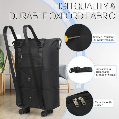 VOOWO rolling black duffel bag with wheels, carry-on luggage with multiple exterior pockets