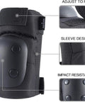 6 In 1 Protective Gear Set With Knee Pads Elbow Pads And Wrist Guards For Skateboarding Biking Roller Skating And Cycling Adults And Kids Durable Impact Resistant With Ventilated Foam For Comfort And All Day Safety, black knee pad showing adjustable straps, sleeve design, and impact resistance features.