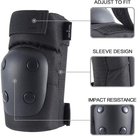 6 In 1 Protective Gear Set With Knee Pads Elbow Pads And Wrist Guards For Skateboarding Biking Roller Skating And Cycling Adults And Kids Durable Impact Resistant With Ventilated Foam For Comfort And All Day Safety, black knee pad showing adjustable straps, sleeve design, and impact resistance features.