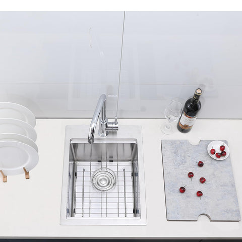 15x20 Drop In Bar Sink Top Mount Stainless Steel Wet Bar Sink With Grid Strainer And Cutting Board on countertop