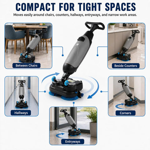 Professional Compact Battery Powered Walk Behind Floor Scrubber Machine With Built In Squeegee for tight spaces and corners.