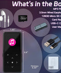 128GB Bluetooth MP3 Player With Built In Speaker All In One Portable Music Player box contents including earphones, USB-C cable, and manual
