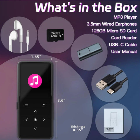 128GB Bluetooth MP3 Player With Built In Speaker All In One Portable Music Player box contents including earphones, USB-C cable, and manual