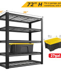 Heavy Duty 5 Tier Metal Garage Shelving Unit With 3200 Lbs Capacity Monster Storage Space Adjustable Industrial Storage Shelves For Garage Basement Pantry Warehouse 36W X 16D X 72H next to a 27-gallon bin