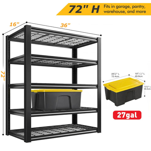 Heavy Duty 5 Tier Metal Garage Shelving Unit With 3200 Lbs Capacity Monster Storage Space Adjustable Industrial Storage Shelves For Garage Basement Pantry Warehouse 36W X 16D X 72H next to a 27-gallon bin