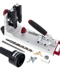 Pocket Hole Jig 400 Self Clamping Kit With Adjustable Bushing Blocks And Two Three Eighths Drill Guides, accessories shown.