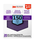 Box of Pro Grade 150 Grit Sandpaper Pack With No Slip Grip Backing, 9 By 11 Inches, 20 Sheets, visible label design.