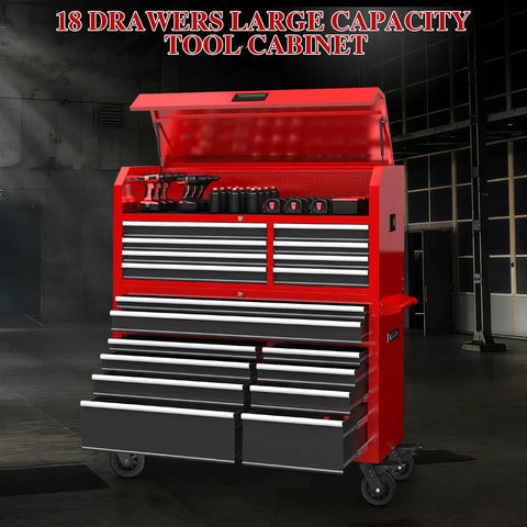 Ultimate 56 Inch Rolling Tool Chest Combo With 18 Drawers, Heavy Duty Steel Cabinet, Built-In Power Outlet, Locking System, And Mobile Wheels