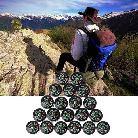 Hiker using Mini Pocket Button Survival Compasses 20 Piece Set For Hiking Camping Outdoor Diving Sighting Wrist Compass Liquid Filled