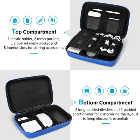 Slick Hard Shell Road Ready Tech Stash Organizer Case For Macbook Charger Cables Power Bank Mouse Earphones Usb Drive Memory Cards Blue Water Resistant Eva inside compartments for accessories.