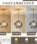 Modern Smoke Gray Glass Globe Pendant Light 3 Pack, 7.87" Hardwired Brass Pendant with Adjustable 59" Cord for Kitchen Island, Dining Room, Bedroom, E26 Base, Bulb Not Included showcased in warm, neutral, and white light settings.