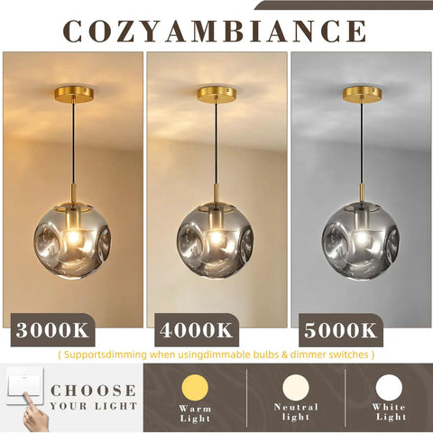 Modern Smoke Gray Glass Globe Pendant Light 3 Pack, 7.87" Hardwired Brass Pendant with Adjustable 59" Cord for Kitchen Island, Dining Room, Bedroom, E26 Base, Bulb Not Included showcased in warm, neutral, and white light settings.