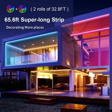 Modern house with 65.6ft RGB LED strip lights illuminating exterior, part of All In One 65.6Ft RGB LED Strip Lights Kit With UL Power Supply And IR Remote For Under Cabinet, Bedroom And Living Room Vibe Lighting Flexible 5050 SMD Tape 24V.