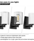 Modern Matte Black Wall Sconces Set Of Two Double Clear Glass Vanity Lights With Upward Downward Mounting For Bathroom Bedroom Decor showcased in three configurations.