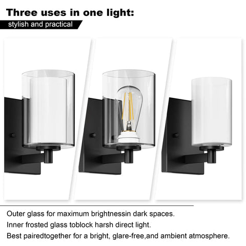 Modern Matte Black Wall Sconces Set Of Two Double Clear Glass Vanity Lights With Upward Downward Mounting For Bathroom Bedroom Decor showcased in three configurations.