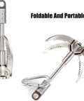 Foldable stainless steel grappling hook shown open and closed for outdoor adventure gear.