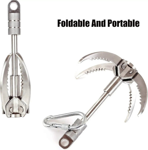 Foldable stainless steel grappling hook shown open and closed for outdoor adventure gear.