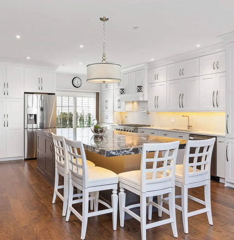 Modern 3 Light Kitchen Chandelier in Brushed Nickel With Drum Shade Gauze Etamine Hanging Pendant Light in modern kitchen.