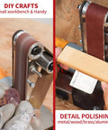 Mini Electric Belt Sander Knife Sharpener Bench Grinder With Polishing Wheel in use for detail polishing on wood.