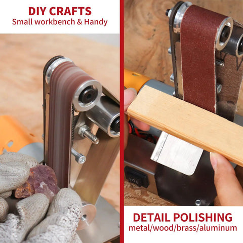 Mini Electric Belt Sander Knife Sharpener Bench Grinder With Polishing Wheel in use for detail polishing on wood.