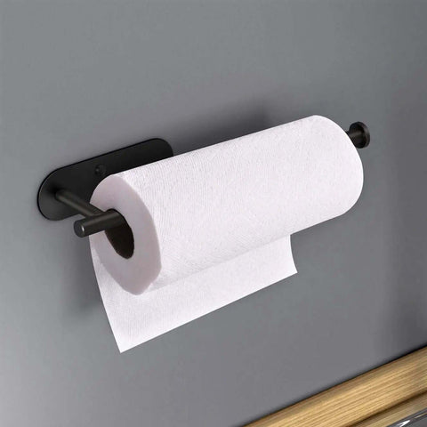Under Cabinet Paper Towel Holder Wall Mount With Adhesive Or Drill Install, 12.5 Inch Stainless Steel Black Finish, mounted with towel